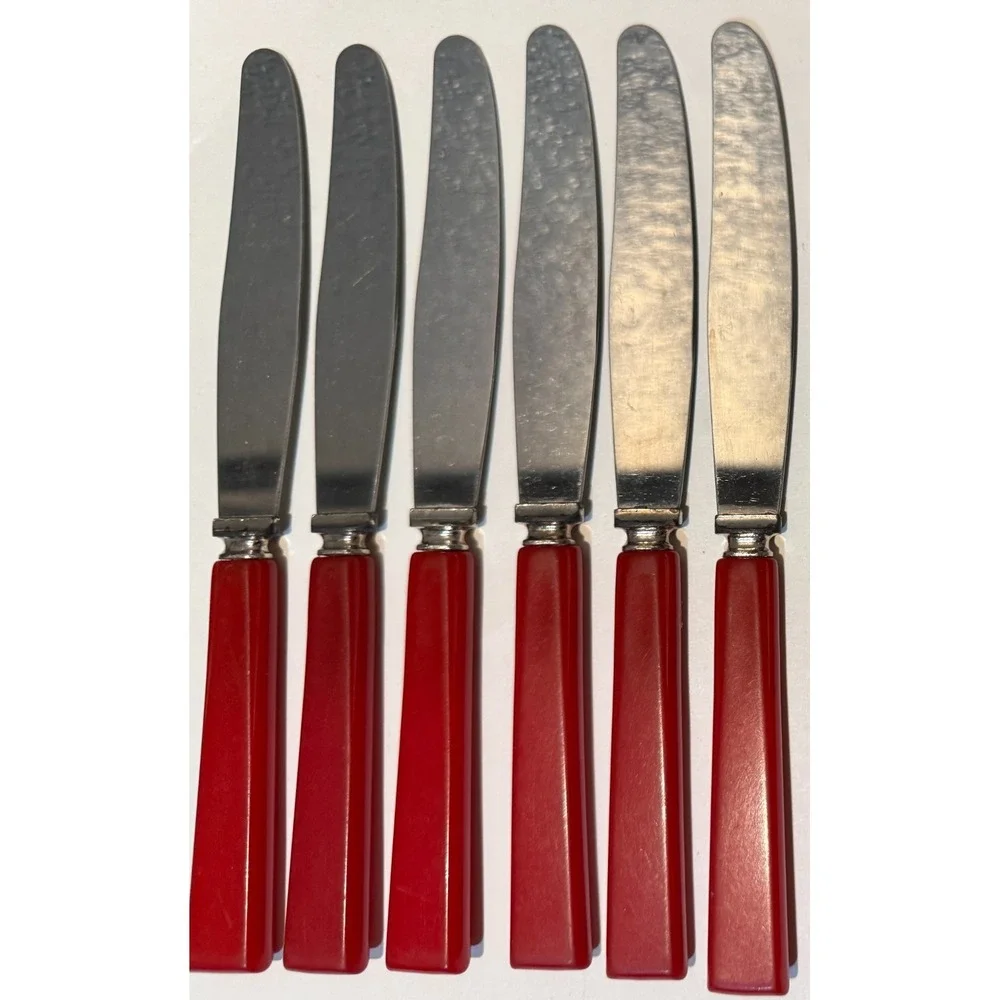 Vtg Bakelite Red Handle Stainless Steel Knives Set of 6 Mid Century Modern Knife